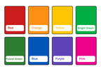 A grid of eight labeled color swatches on a white background, showing Red, Orange, Yellow, Bright Green, Forest Green, Blue, Purple, and Pink.