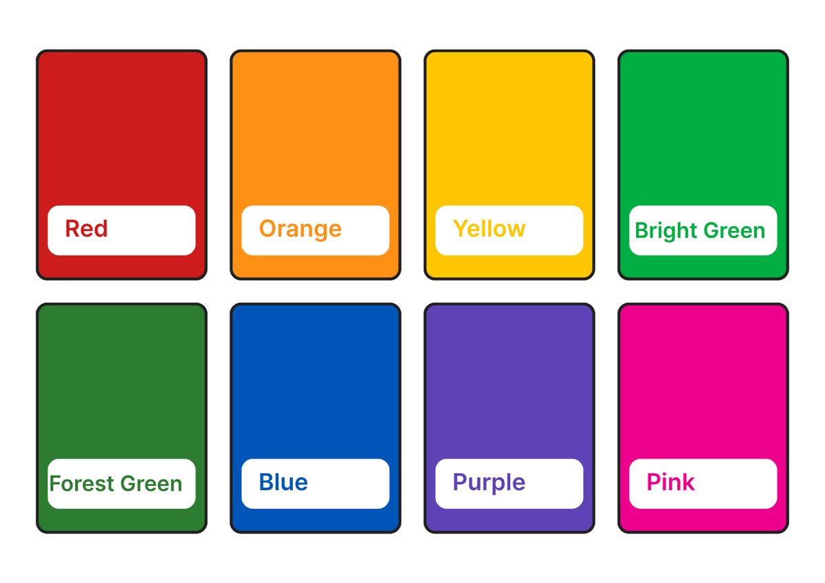 A grid of eight labeled color swatches on a white background, showing Red, Orange, Yellow, Bright Green, Forest Green, Blue, Purple, and Pink.