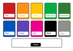 A color options chart showing ten labeled color blocks: Red, Orange, Yellow, Bright Green, Forest Green, Blue, Purple, Pink, Black, and Gray, with a white block below on a light gray background.