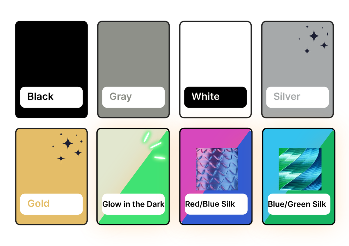 A color swatch grid showing eight material/color options labeled Black, Gray, White, Silver, Gold, Glow in the Dark, Red/Blue Silk, and Blue/Green Silk. Each tile displays a different finish or effect, with some tiles showing the color name and others showing a small preview of the texture or pattern.