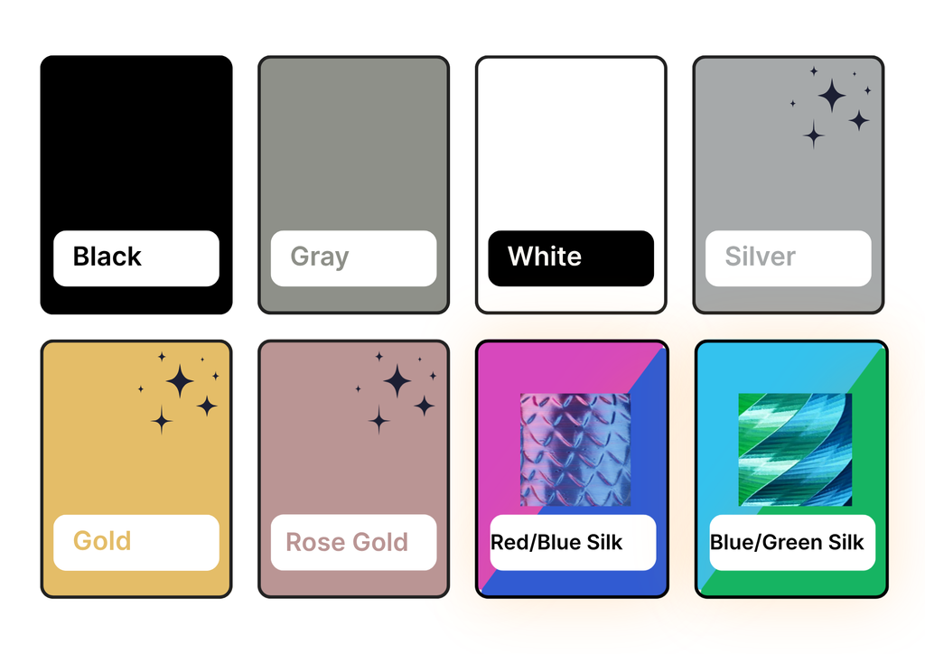 A color options chart showing eight rectangular swatches labeled Black, Gray, White, Silver, Gold, Rose Gold, Red/Blue Silk, and Blue/Green Silk, arranged in two rows on a white background.