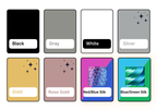 A color options chart showing eight rectangular swatches labeled Black, Gray, White, Silver, Gold, Rose Gold, Red/Blue Silk, and Blue/Green Silk, arranged in two rows on a white background.