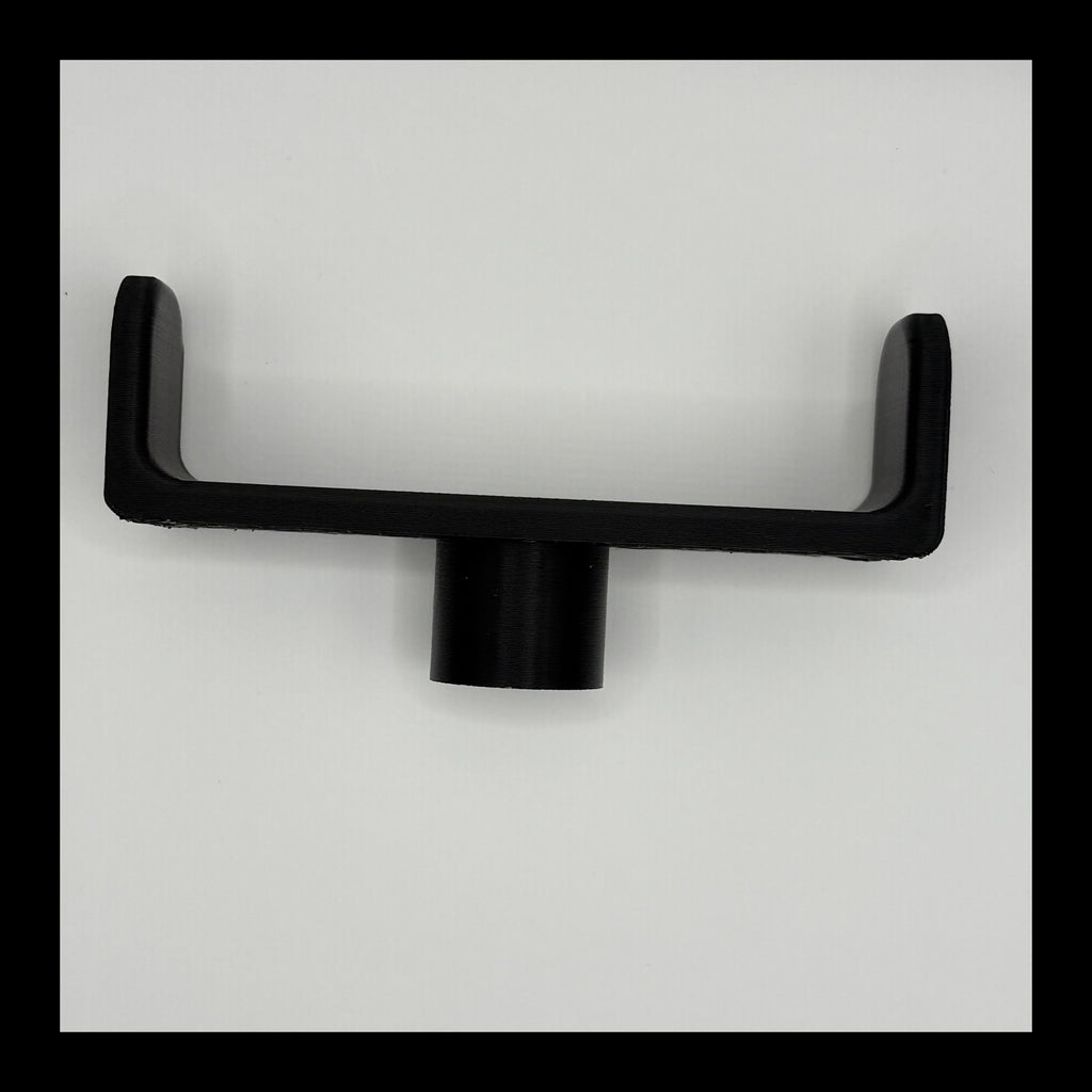A black plastic U-shaped handle with a cylindrical mounting sleeve, shown against a plain white background.